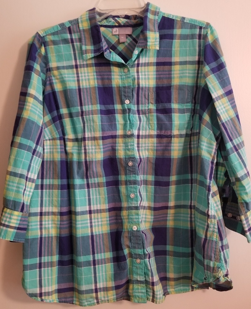 Green, Blue, & Yellow Flannel Button Down Shirt